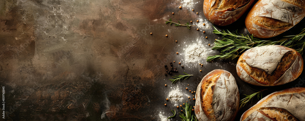 Bread bakery background with a dark, rustic table surface, highlighting golden-brown loaves of bread, fresh herbs, and a dusting of flour for contrast Bread bakery background with a dark, rustic table surface, highlighting golden-brown loaves of bread, fresh herbs, and a dusting of flour for contrast
