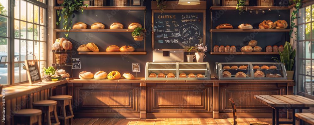 Bread bakery background with a quaint bakery shop interior, showcasing bread on display, a chalkboard menu, and a cozy, welcoming ambiance Bread bakery background with a quaint bakery shop interior, showcasing bread on display, a chalkboard menu, and a cozy, welcoming ambiance
