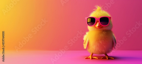 特徴的なサングラスをかけている雛、ピンク背景。Chicks wearing distinctive sunglasses, pink background.Generative AI	
