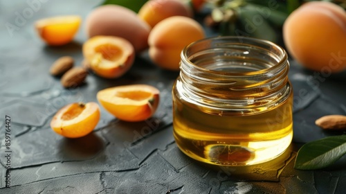 Apricot Kernel Oil in Glass Jar Close-Up on Table with Ingredients, Horizontal View