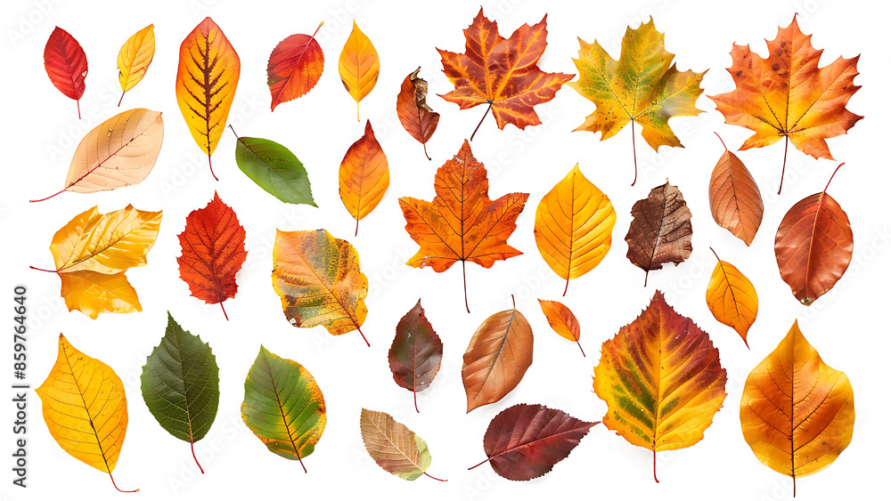 Fototapeta premium Set of autumn leaves isolated on transparent background.