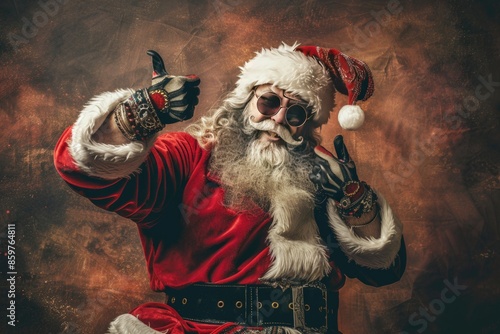 Cool Santa Claus with hard rock Christmas outfit making a heavymetal gesture with his hand photo