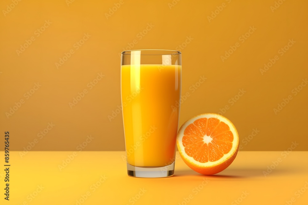 Glass of fresh orange juice and sliced orange on yellow background Glass of fresh orange juice and sliced orange on yellow background