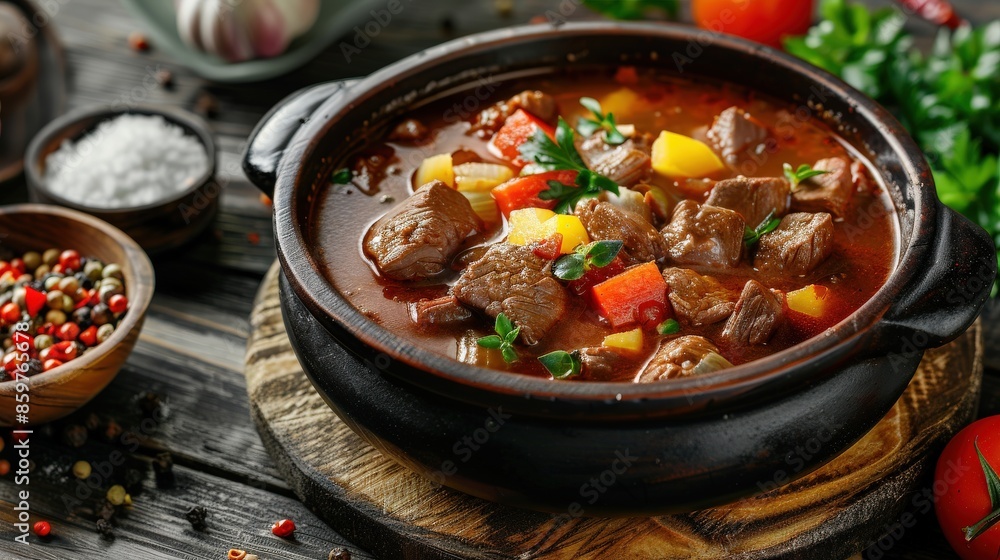 Goulash Soup Bograch Close-Up on Table, Horizontal View Goulash Soup Bograch Close-Up on Table, Horizontal View