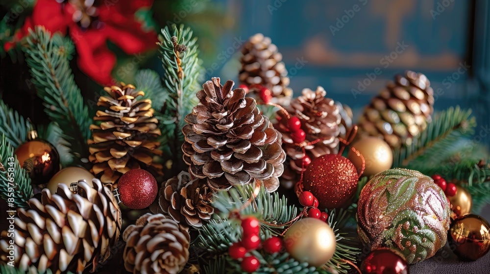 Festive decorations made of fir cones and ornaments Festive decorations made of fir cones and ornaments