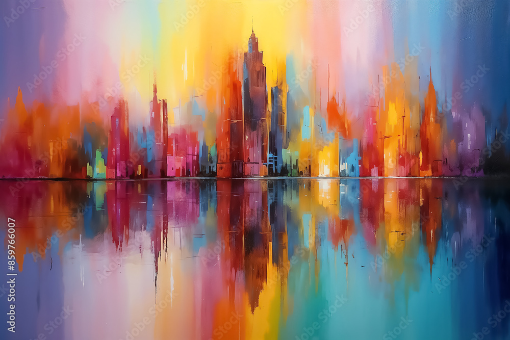 Fototapeta premium Cityscape with trees and skyscrapers reflecting in water. Watercolor painting with abstract design. Urban landscape and cityscape concept. 