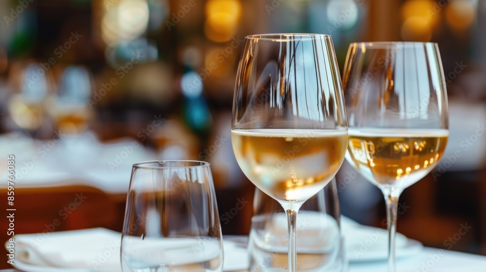 Glasses of white wine served on table in restaurant Glasses of white wine served on table in restaurant