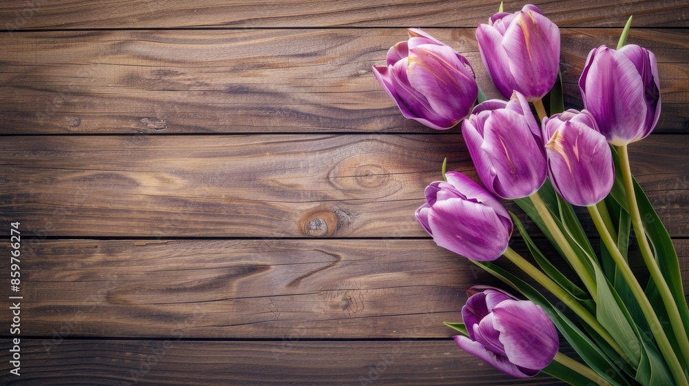 Spring atmosphere with purple tulips on wooden surface under natural light aerial perspective Spring atmosphere with purple tulips on wooden surface under natural light aerial perspective