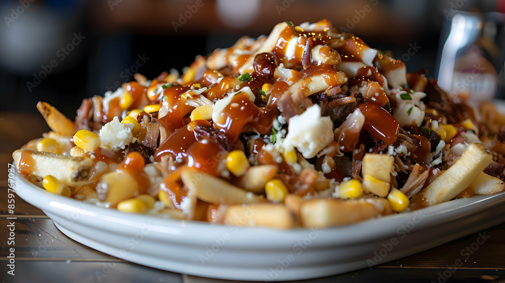 A vibrant poutine platter with additional toppings like pulled pork A vibrant poutine platter with additional toppings like pulled pork