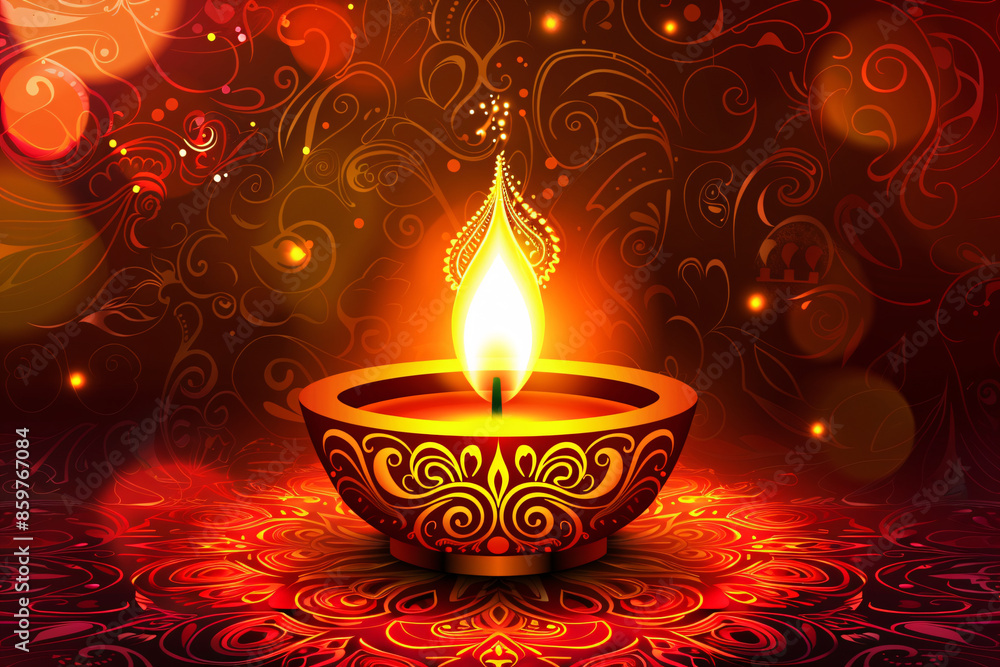 An ornate oil lamp with a glowing flame illuminating beautiful designs and creating a warm festive atmosphere An ornate oil lamp with a glowing flame illuminating beautiful designs and creating a warm festive atmosphere