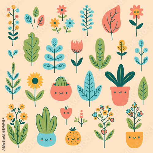 Kawaii Plants, cute flowers and flowerspots, icon set photo