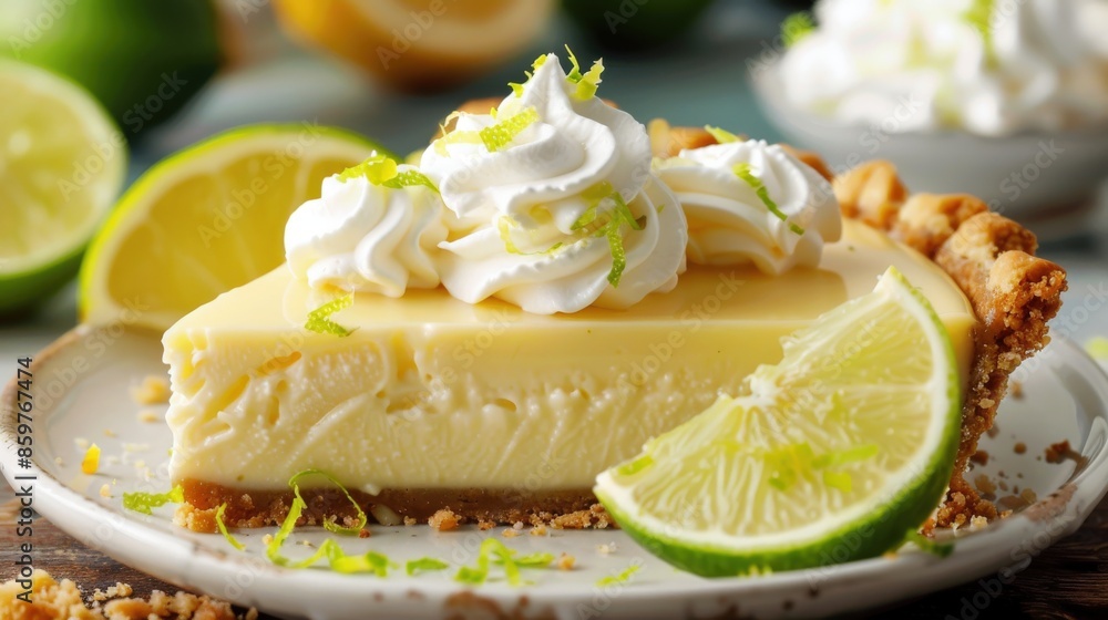Delicious Key Lime Pie with Whipped Cream and Zesty Peel Close-Up, Horizontal Shot for Food Lovers Delicious Key Lime Pie with Whipped Cream and Zesty Peel Close-Up, Horizontal Shot for Food Lovers