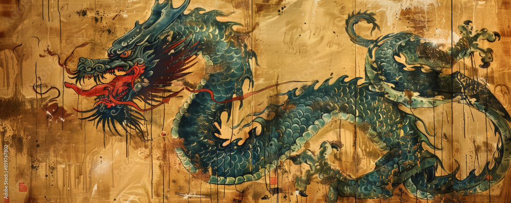 Obraz premium Dragon and Bamboo Scrolls: A dragon painted on ancient bamboo scrolls, evoking a sense of history and tradition.