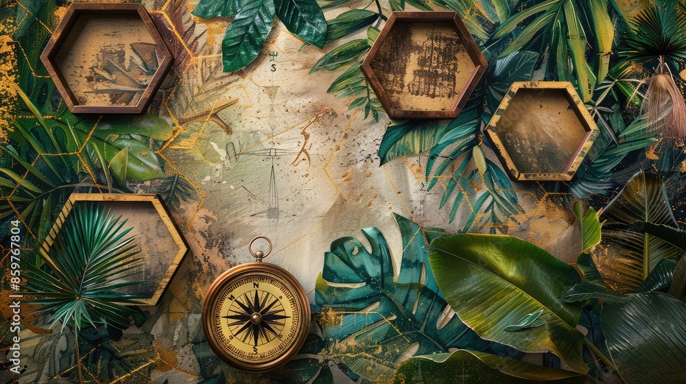 Fototapeta premium Textured oil canvas for a mural, featuring exotic plants and golden grain.