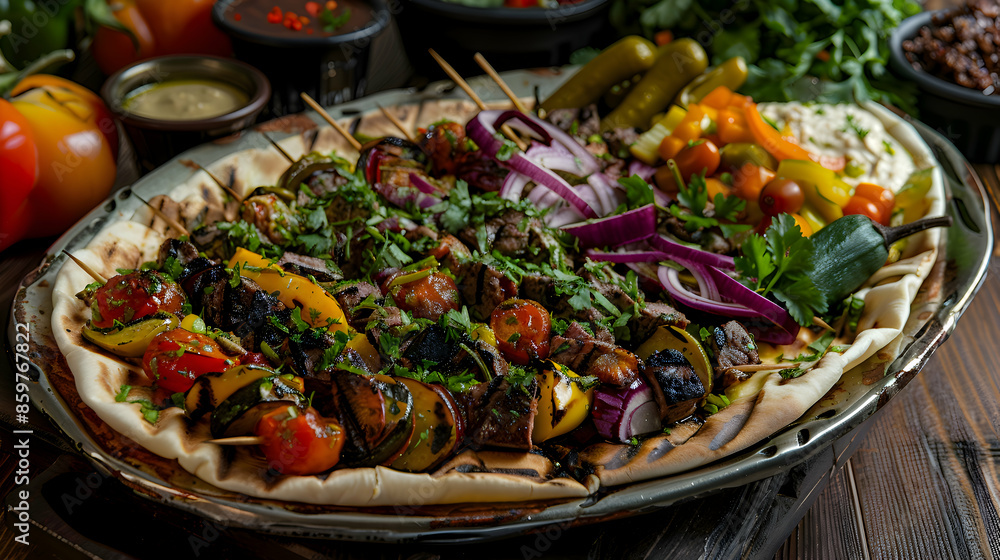 A vibrant shawarma platter with grilled vegetables and hummus
