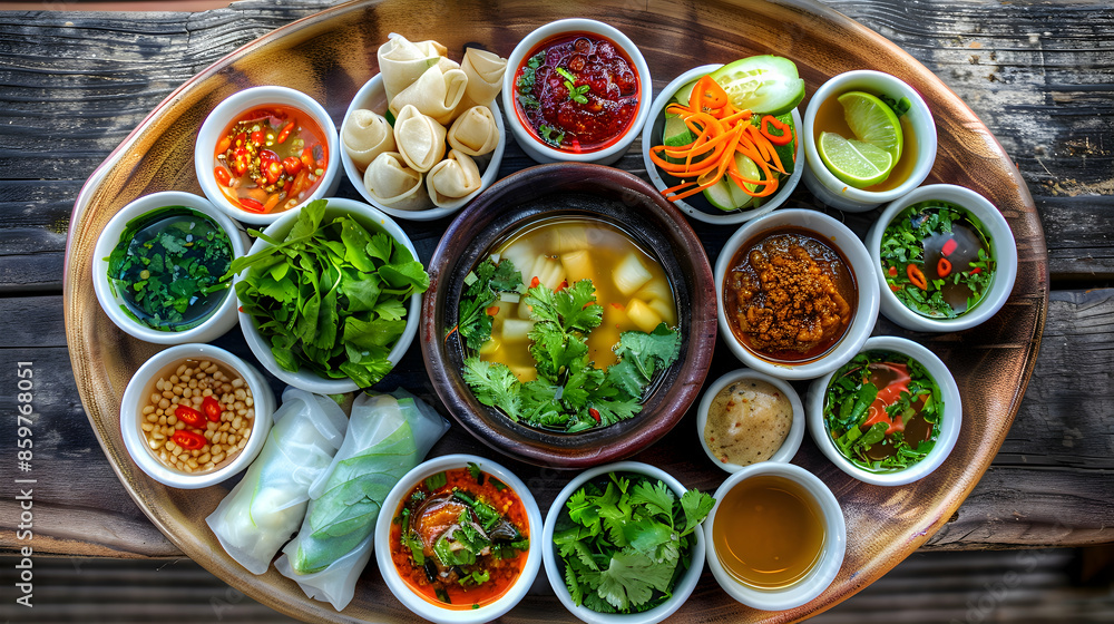 A vibrant spring roll platter with various fillings and dipping sauces A vibrant spring roll platter with various fillings and dipping sauces
