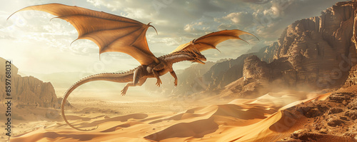 Dragon in a Desert Landscape: A dragon flying over a golden desert landscape, symbolizing resilience and strength. photo