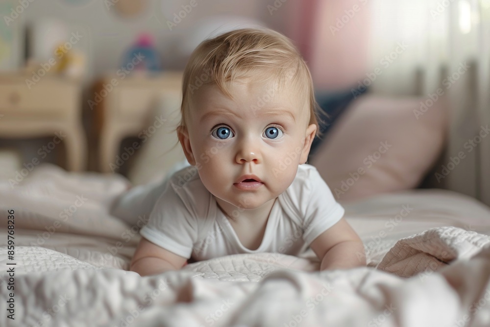 Portrait of cute caucasian baby with blue eyes lying on bed at home Portrait of cute caucasian baby with blue eyes lying on bed at home