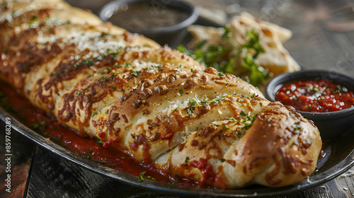 A vibrant stromboli platter with marinara dipping sauce