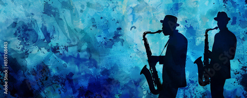 Jazzy blues background with cool blue tones and a subtle grunge texture. Silhouettes of a saxophonist and pianist convey the soulful essence of the blues.