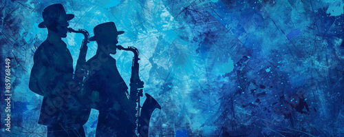 Jazzy blues background with cool blue tones and a subtle grunge texture. Silhouettes of a saxophonist and pianist convey the soulful essence of the blues.