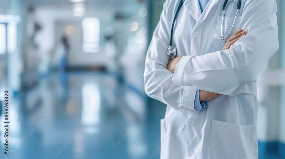 Standing doctor in front of blurred hospital interior background with copy space. Standing doctor in front of blurred hospital interior background with copy space.