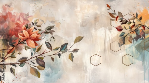 Vintage botanical illustration with a modern twist and hexagon shapes.
