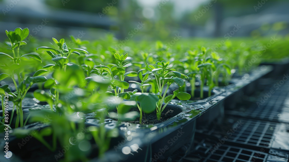 Close-up of young green plants thriving in small containers, bathed in sunlight, symbolizing growth and sustainability in a well-maintained greenhouse. Close-up of young green plants thriving in small containers, bathed in sunlight, symbolizing growth and sustainability in a well-maintained greenhouse.