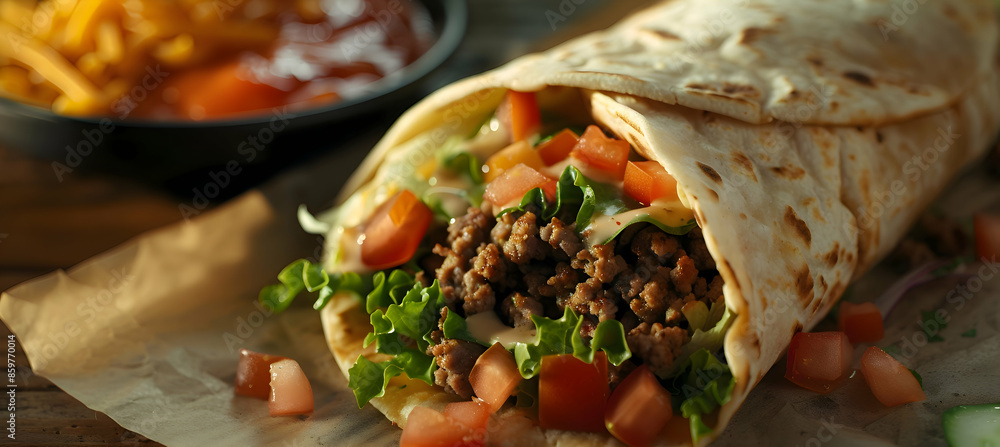 Close-up of a fast food burrito showcasing detailed textures of the tortilla and fillings Close-up of a fast food burrito showcasing detailed textures of the tortilla and fillings