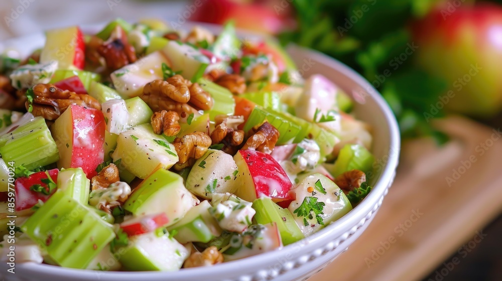 Waldorf salad with apples, walnuts, and celery Waldorf salad with apples, walnuts, and celery