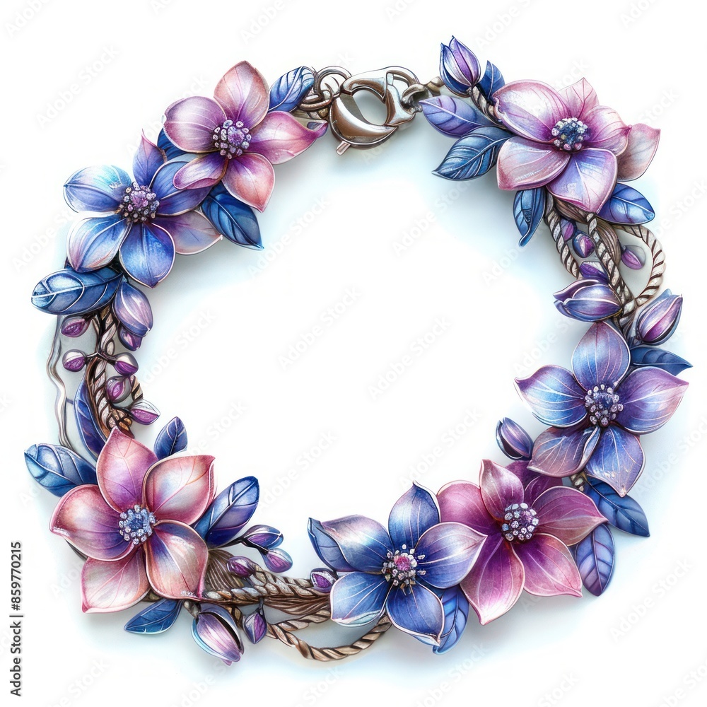 A delicate floral bracelet with purple and pink flowers, arranged in a circular design, on a white background. A delicate floral bracelet with purple and pink flowers, arranged in a circular design, on a white background.