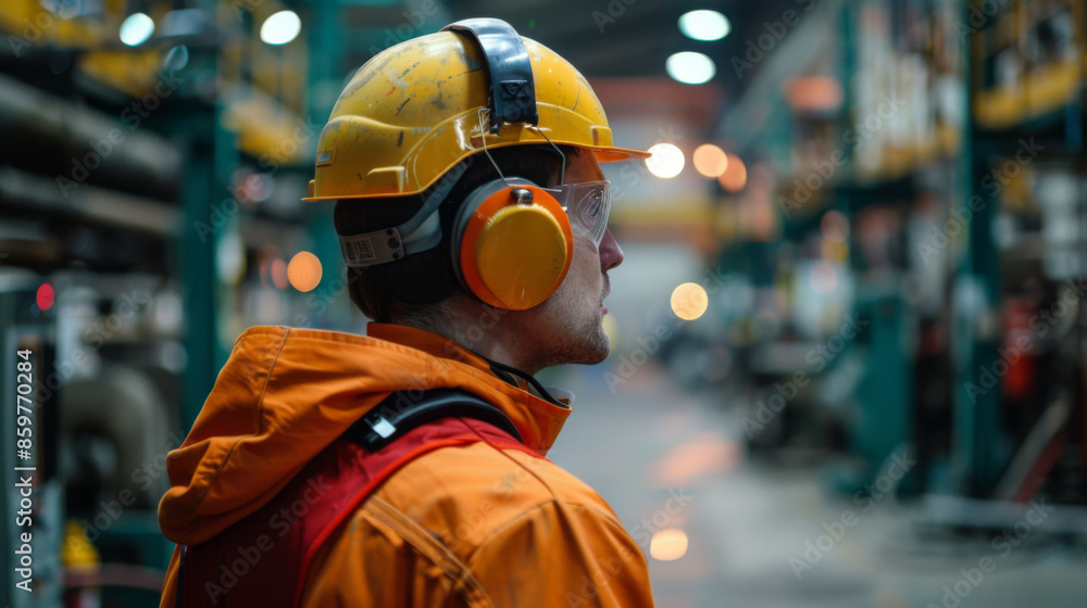 Factory worker in a hard hat and ear protection gear, ensuring safety and compliance in a noisy industrial environment. Factory worker in a hard hat and ear protection gear, ensuring safety and compliance in a noisy industrial environment.