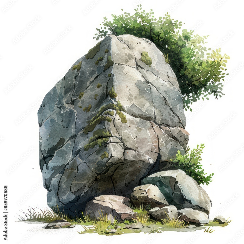 A large, gray boulder with a crack in it sits on a bed of rocks and grass, with greenery growing on top. A large, gray boulder with a crack in it sits on a bed of rocks and grass, with greenery growing on top.