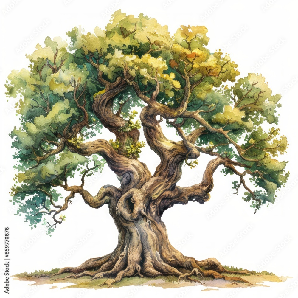 Obraz premium A majestic, ancient oak tree with gnarled branches and lush foliage, isolated on a white background.