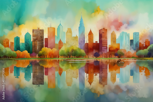 Cityscape with stylized trees and skyscrapers reflecting in water. Watercolor painting with abstract design. Urban landscape and cityscape concept.