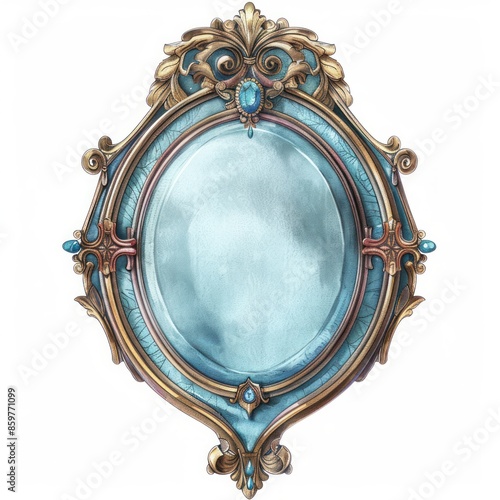 A ornate, oval mirror with a blue-tinted glass and a gold frame adorned with jewels. The intricate design creates a sense of elegance and mystery.