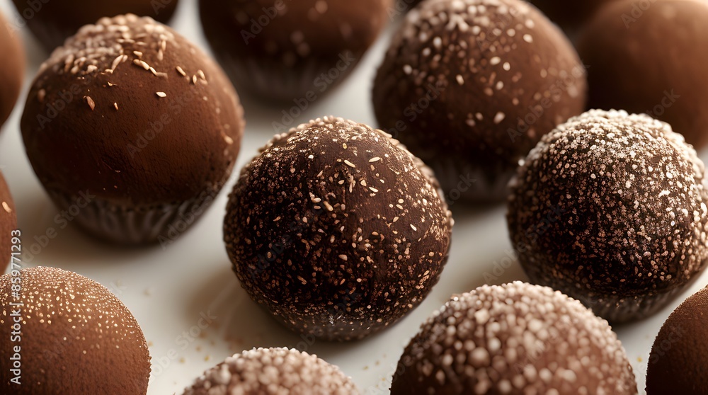 An enticing close-up of assorted chocolate truffles, showcasing a variety of textures and flavors An enticing close-up of assorted chocolate truffles, showcasing a variety of textures and flavors