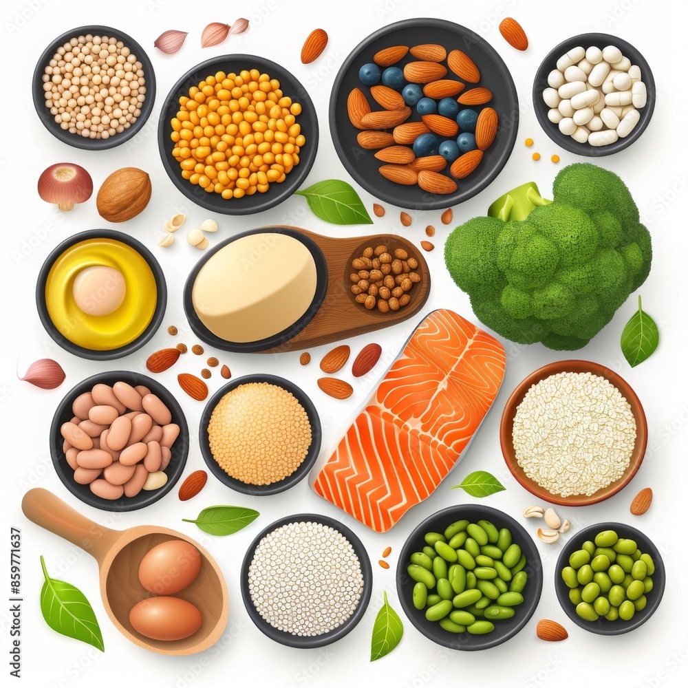 A balanced diet of healthy foods including protein, carbohydrates, and vegetables. A balanced diet of healthy foods including protein, carbohydrates, and vegetables.