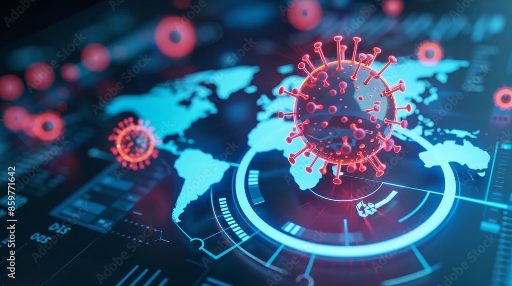 A 3D rendering of a coronavirus on a digital map of the world, representing the global pandemic. A 3D rendering of a coronavirus on a digital map of the world, representing the global pandemic.