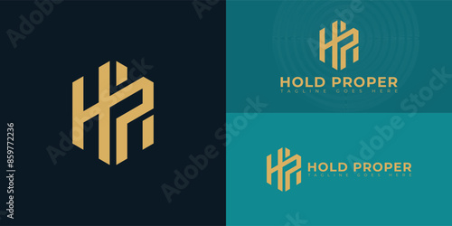 Abstract initial hexagon letters HP or PH logo in gold color isolated on multiple background colors. The logo is suitable for construction company logo vector design illustration inspiration templates
