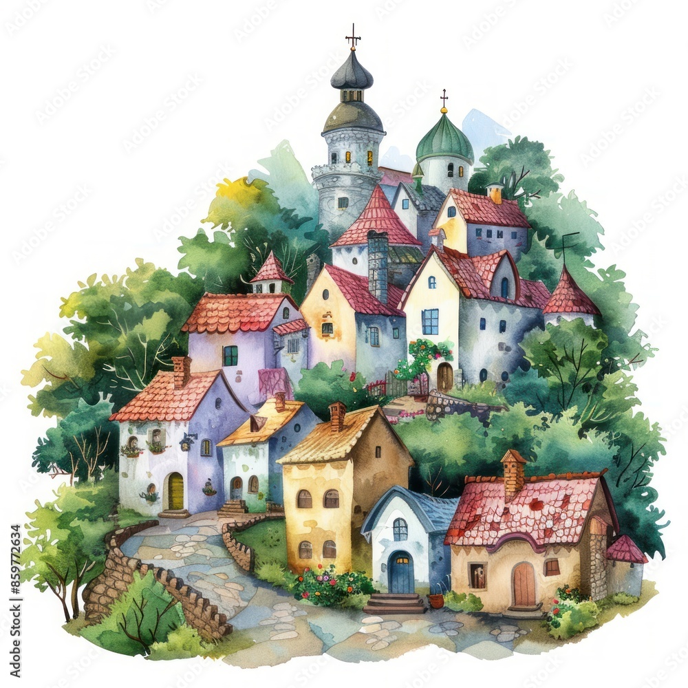 A whimsical watercolor illustration of a quaint village nestled among rolling hills, with a church steeple dominating the skyline. A whimsical watercolor illustration of a quaint village nestled among rolling hills, with a church steeple dominating the skyline.
