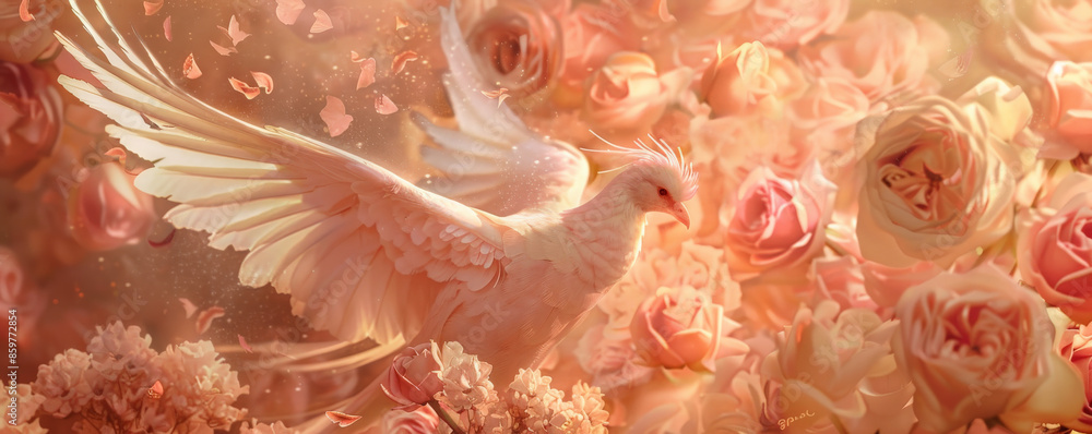 Phoenix bird background with a romantic theme, featuring the bird in soft pink and gold against a backdrop of roses and heart-shaped flames. The scene is dreamy and elegant Phoenix bird background with a romantic theme, featuring the bird in soft pink and gold against a backdrop of roses and heart-shaped flames. The scene is dreamy and elegant