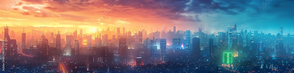 Fototapeta premium A cyberpunk city backdrop at night with glowing vibrant colors. 