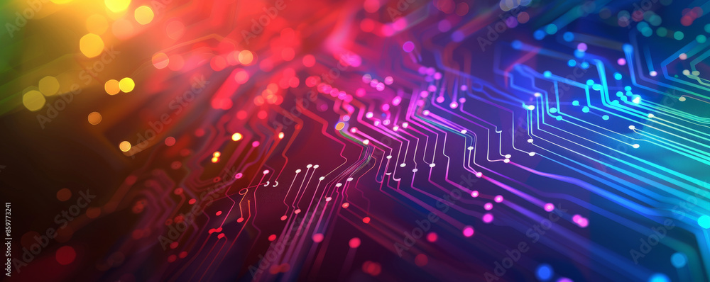 Obraz premium Pride LGBT background showcasing a digital circuit board design in rainbow colors, symbolizing connectivity and innovation