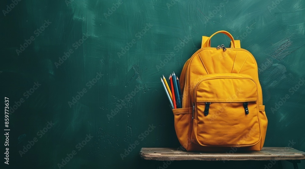 Yellow Backpack with Books and Stationery on Desk against a dark green background in a closeup, copy space concept for back to school or education theme. Yellow Backpack with Books and Stationery on Desk against a dark green background in a closeup, copy space concept for back to school or education theme.