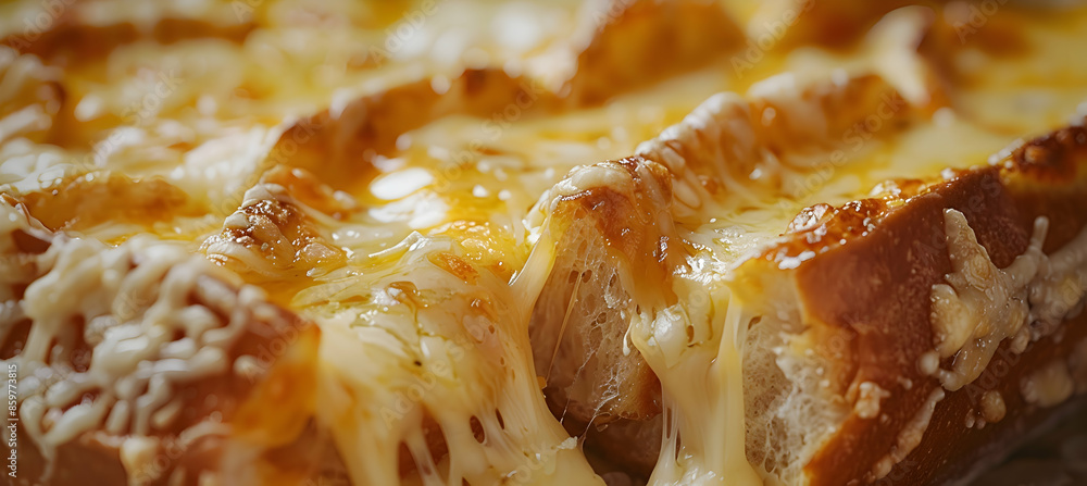 Close-up of fast food cheesy bread showcasing detailed textures of the golden crust and melted cheese Close-up of fast food cheesy bread showcasing detailed textures of the golden crust and melted cheese