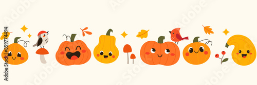 Bright autumn seamless border with cute funny pumpkins, birds and leaves on white background.