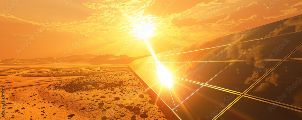Solar energy background featuring solar panels on a desert landscape ...