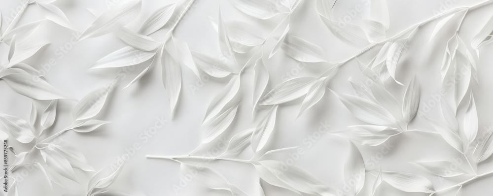 White Bamboo Leaves: White bamboo leaves on a white background, evoking a serene and minimalist natural aesthetic. White Bamboo Leaves: White bamboo leaves on a white background, evoking a serene and minimalist natural aesthetic.