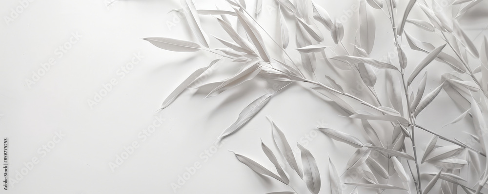 White Bamboo Leaves: White bamboo leaves on a white background, evoking a serene and minimalist natural aesthetic. White Bamboo Leaves: White bamboo leaves on a white background, evoking a serene and minimalist natural aesthetic.